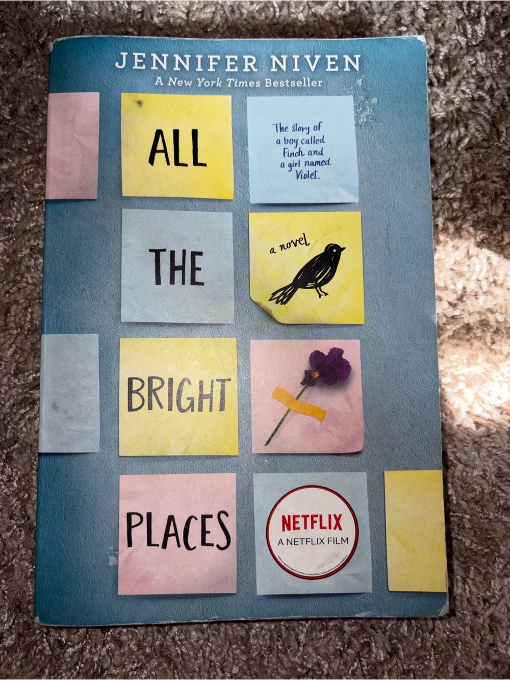 All the Bright Places by Jennifer Niven - Blue Cover with Pastel Sticky Notes